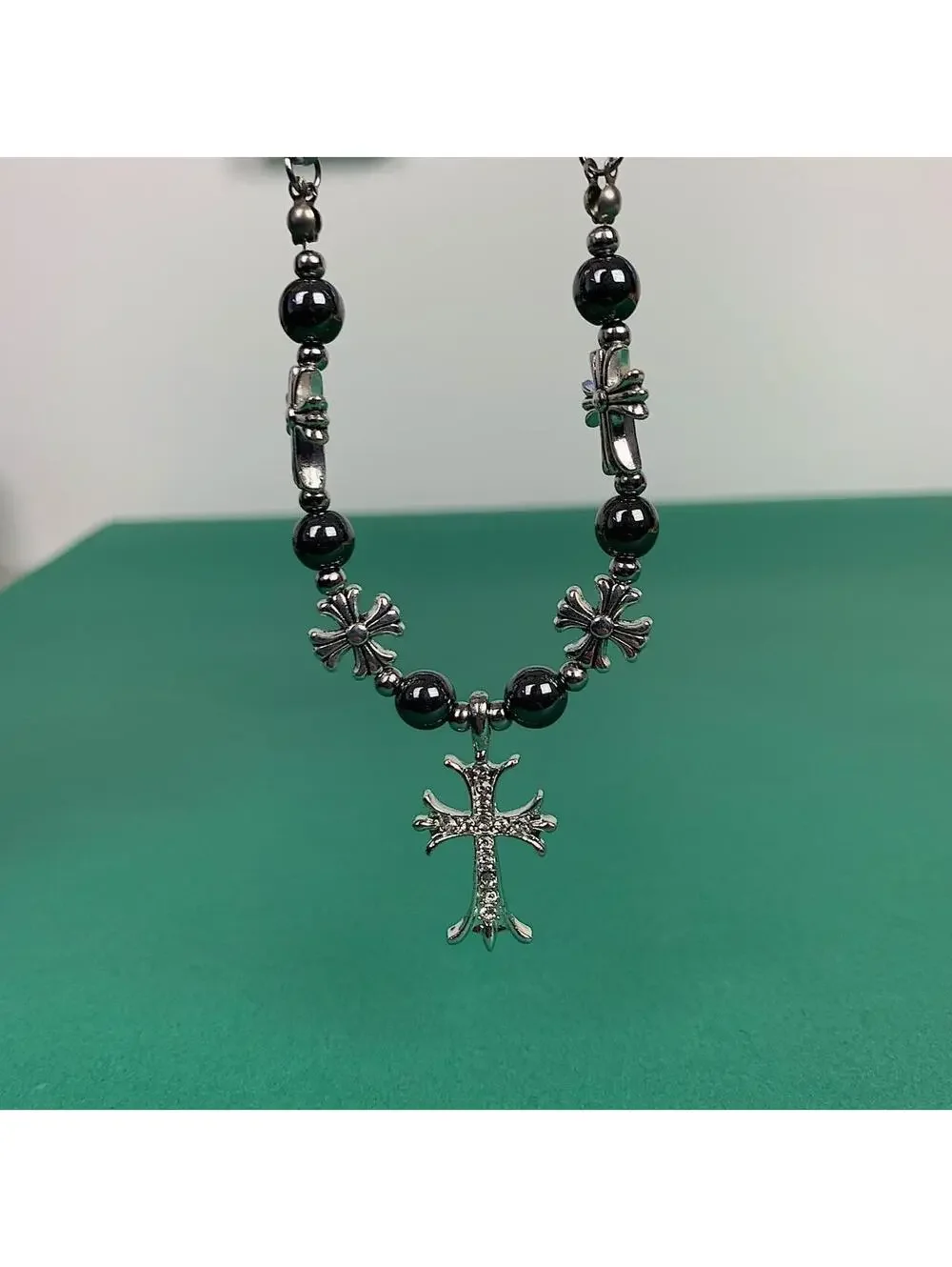 Cyber y2k 2000s style grunge chrome pearl rhinestone silver cross pendant Cuban